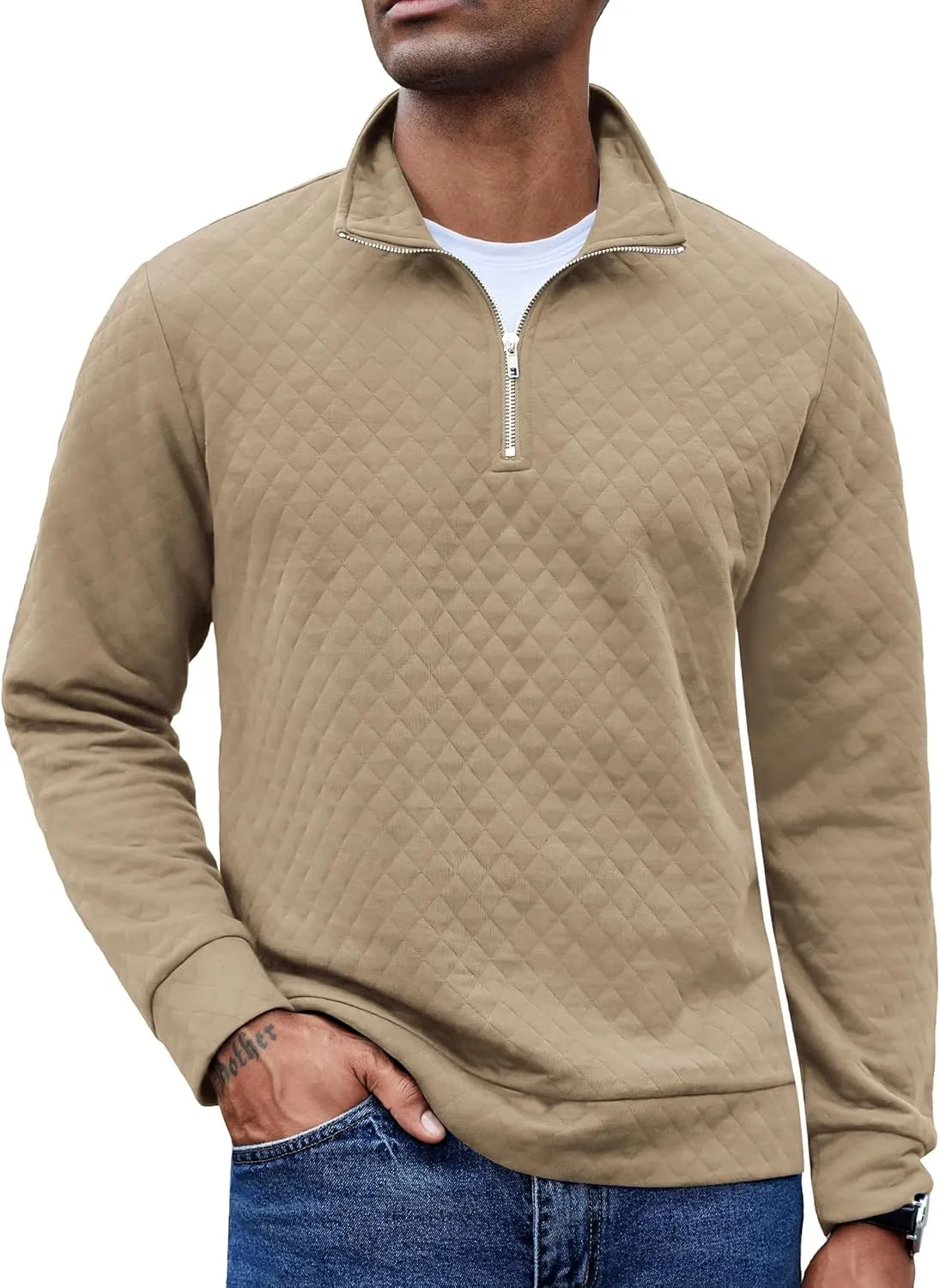 COOFANDY Men's Fashion Quarter Zip Pullover Long Sleeve Quilted Sweatshirt Plaid Jacquard Polo Mock Neck Sweaters