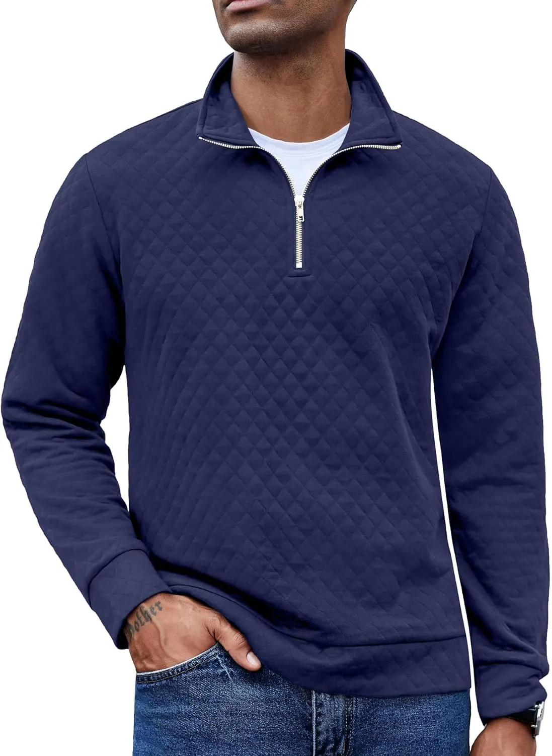 COOFANDY Men's Fashion Quarter Zip Pullover Long Sleeve Quilted Sweatshirt Plaid Jacquard Polo Mock Neck Sweaters