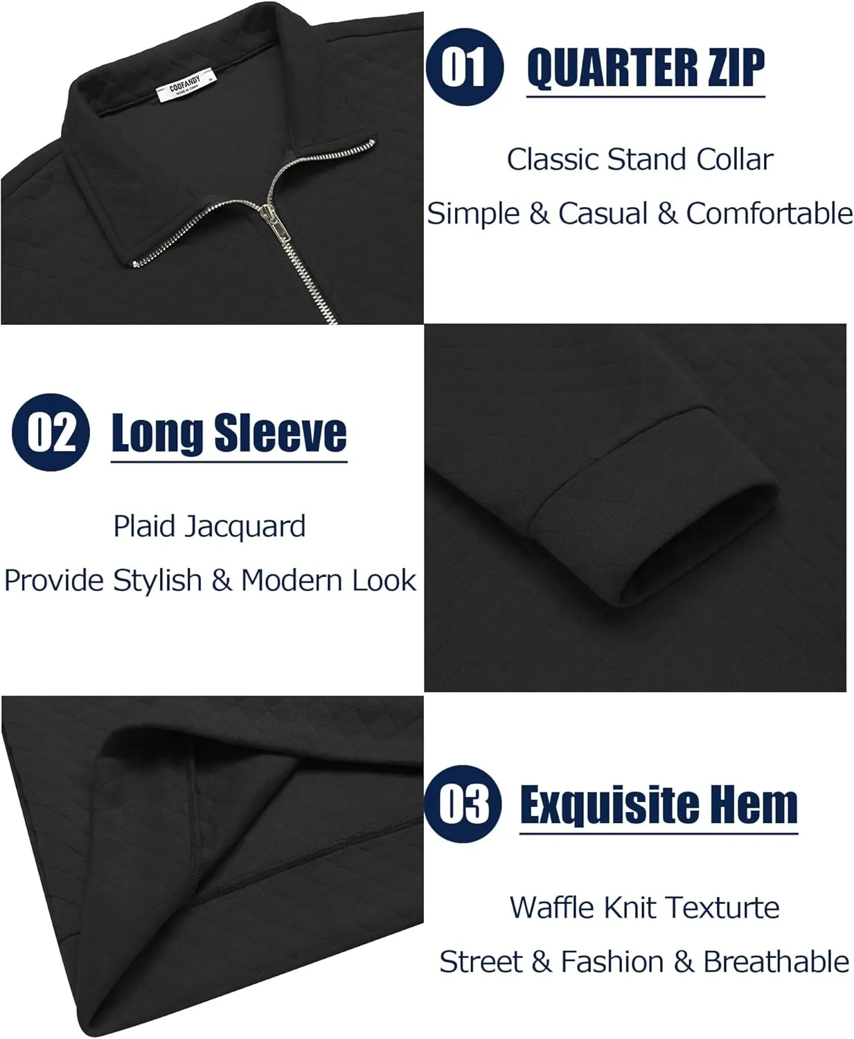 COOFANDY Men's Fashion Quarter Zip Pullover Long Sleeve Quilted Sweatshirt Plaid Jacquard Polo Mock Neck Sweaters