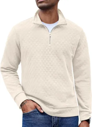 COOFANDY Men's Fashion Quarter Zip Pullover Long Sleeve Quilted Sweatshirt Plaid Jacquard Polo Mock Neck Sweaters