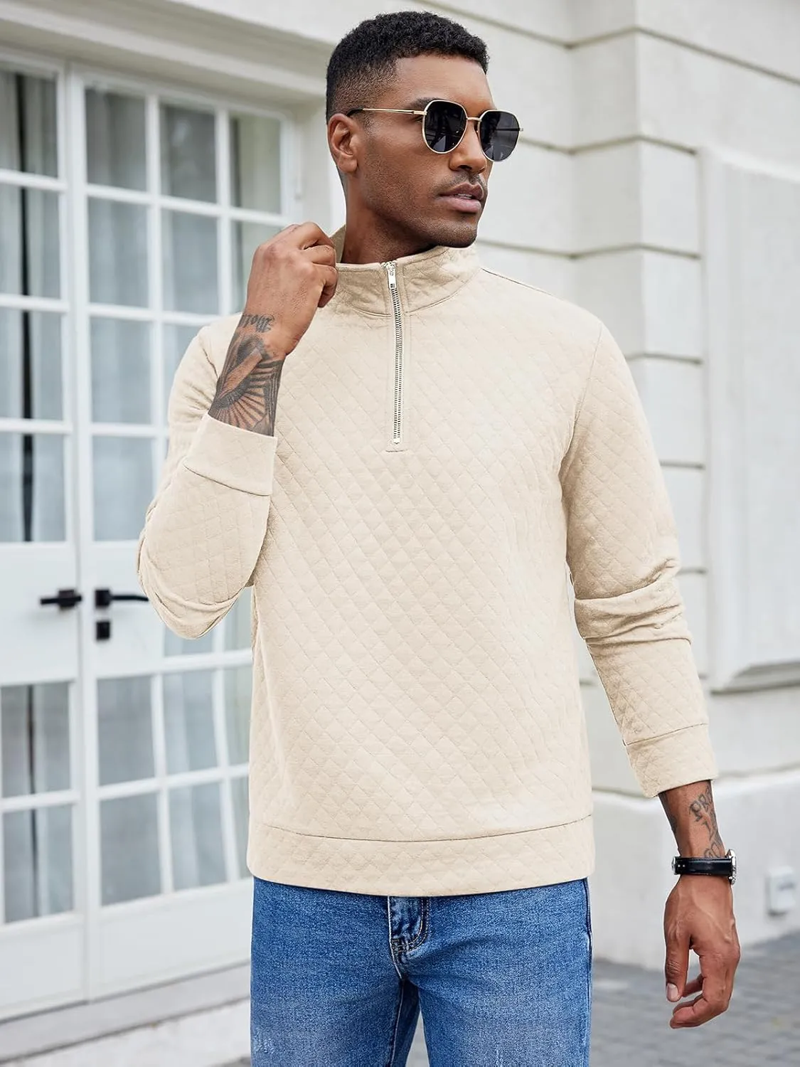 COOFANDY Men's Fashion Quarter Zip Pullover Long Sleeve Quilted Sweatshirt Plaid Jacquard Polo Mock Neck Sweaters