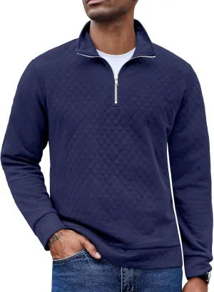 COOFANDY Men's Fashion Quarter Zip Pullover Long Sleeve Quilted Sweatshirt Plaid Jacquard Polo Mock Neck Sweaters