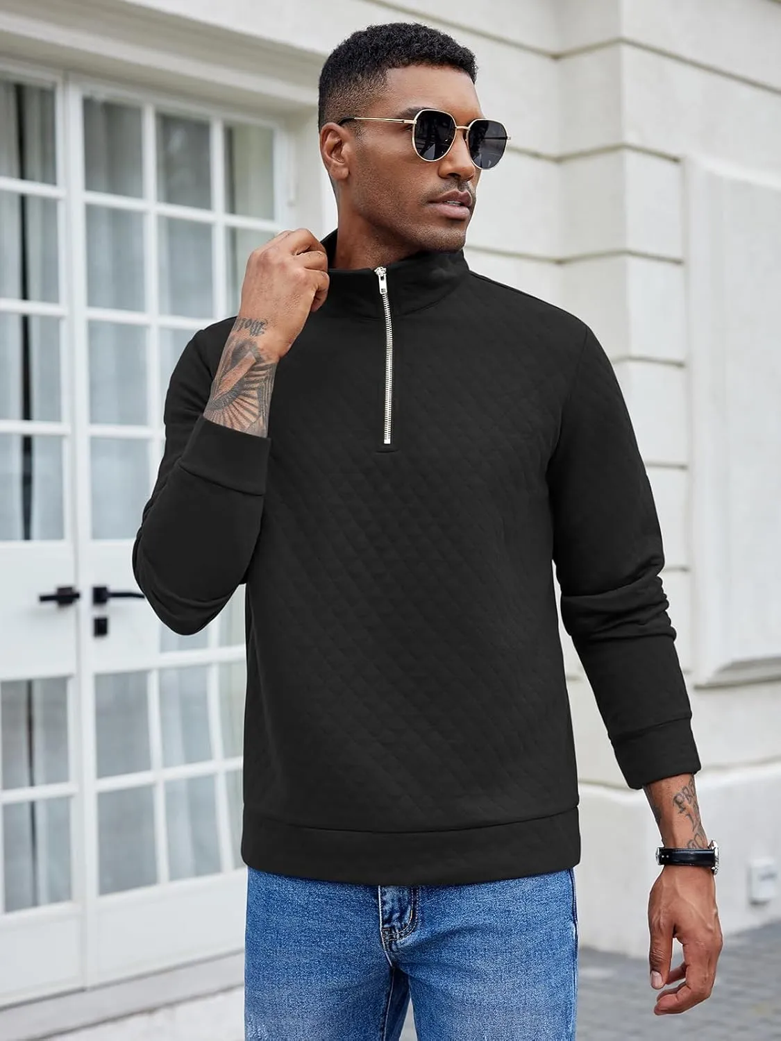 COOFANDY Men's Fashion Quarter Zip Pullover Long Sleeve Quilted Sweatshirt Plaid Jacquard Polo Mock Neck Sweaters