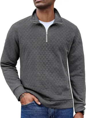 COOFANDY Men's Fashion Quarter Zip Pullover Long Sleeve Quilted Sweatshirt Plaid Jacquard Polo Mock Neck Sweaters