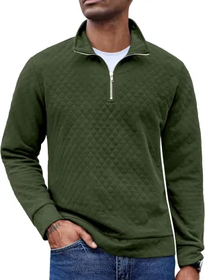 COOFANDY Men's Fashion Quarter Zip Pullover Long Sleeve Quilted Sweatshirt Plaid Jacquard Polo Mock Neck Sweaters