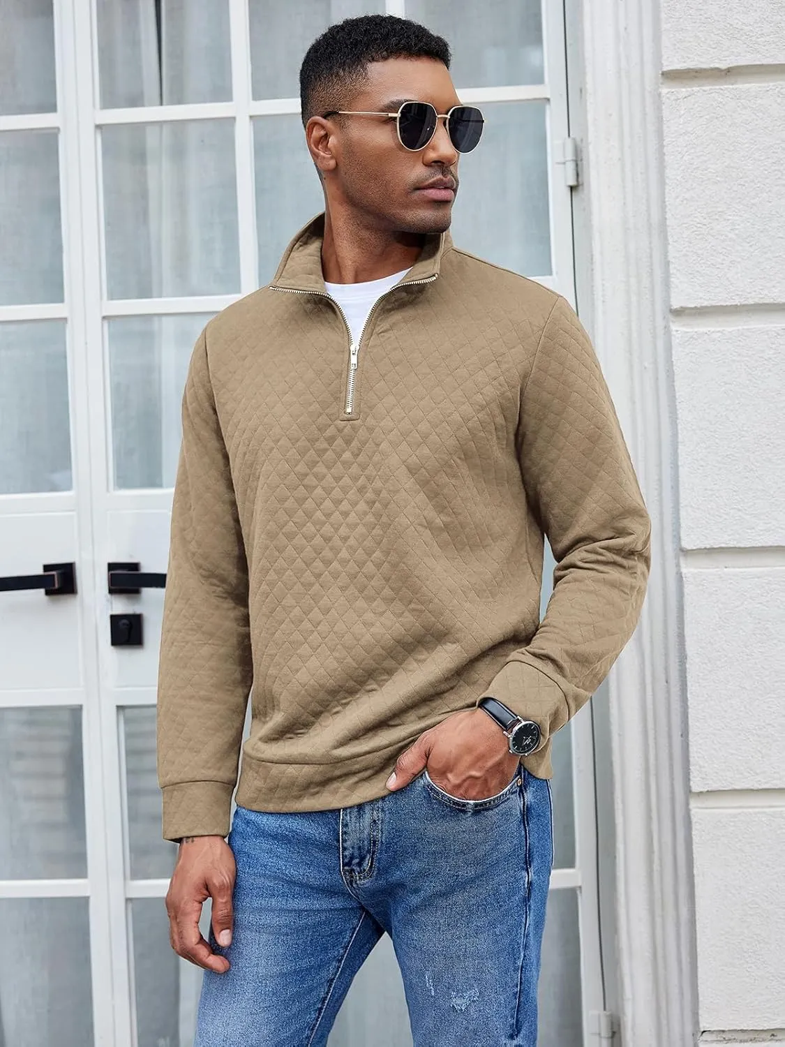 COOFANDY Men's Fashion Quarter Zip Pullover Long Sleeve Quilted Sweatshirt Plaid Jacquard Polo Mock Neck Sweaters