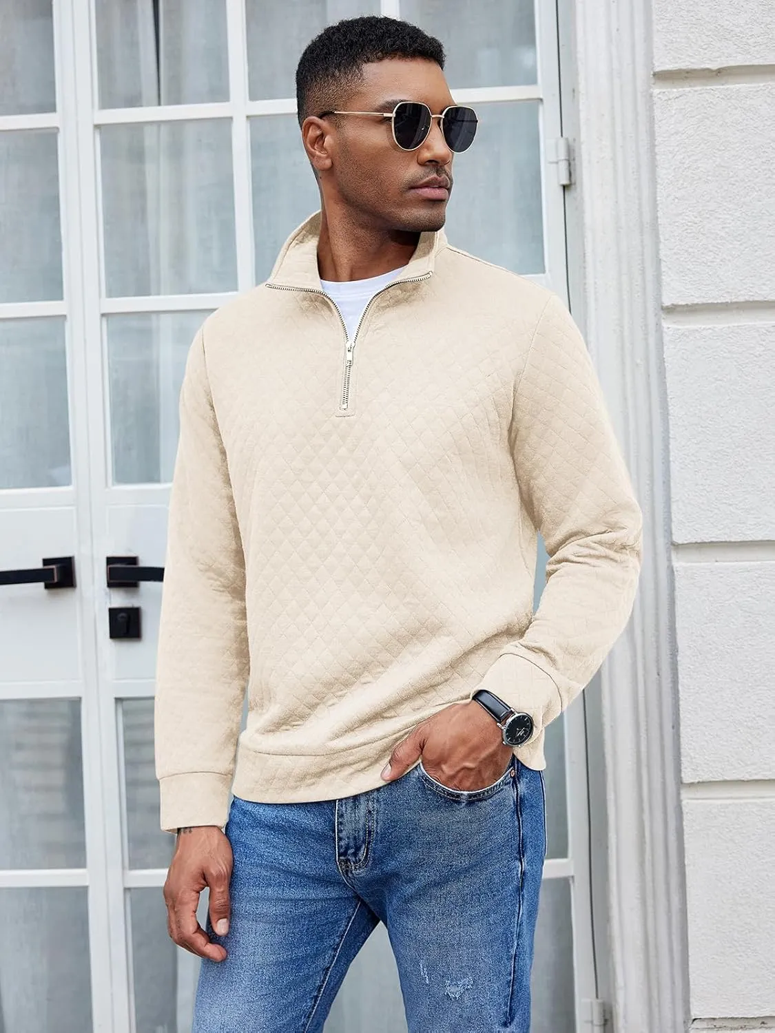 COOFANDY Men's Fashion Quarter Zip Pullover Long Sleeve Quilted Sweatshirt Plaid Jacquard Polo Mock Neck Sweaters