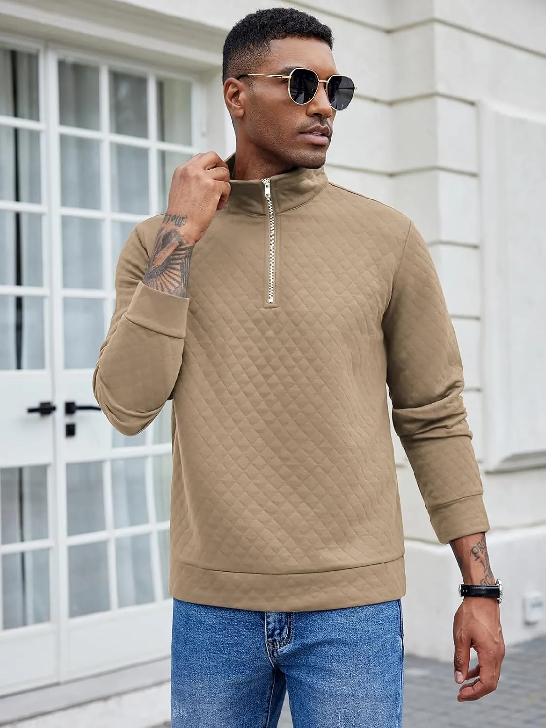COOFANDY Men's Fashion Quarter Zip Pullover Long Sleeve Quilted Sweatshirt Plaid Jacquard Polo Mock Neck Sweaters