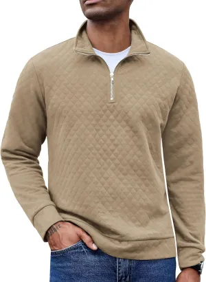 COOFANDY Men's Fashion Quarter Zip Pullover Long Sleeve Quilted Sweatshirt Plaid Jacquard Polo Mock Neck Sweaters