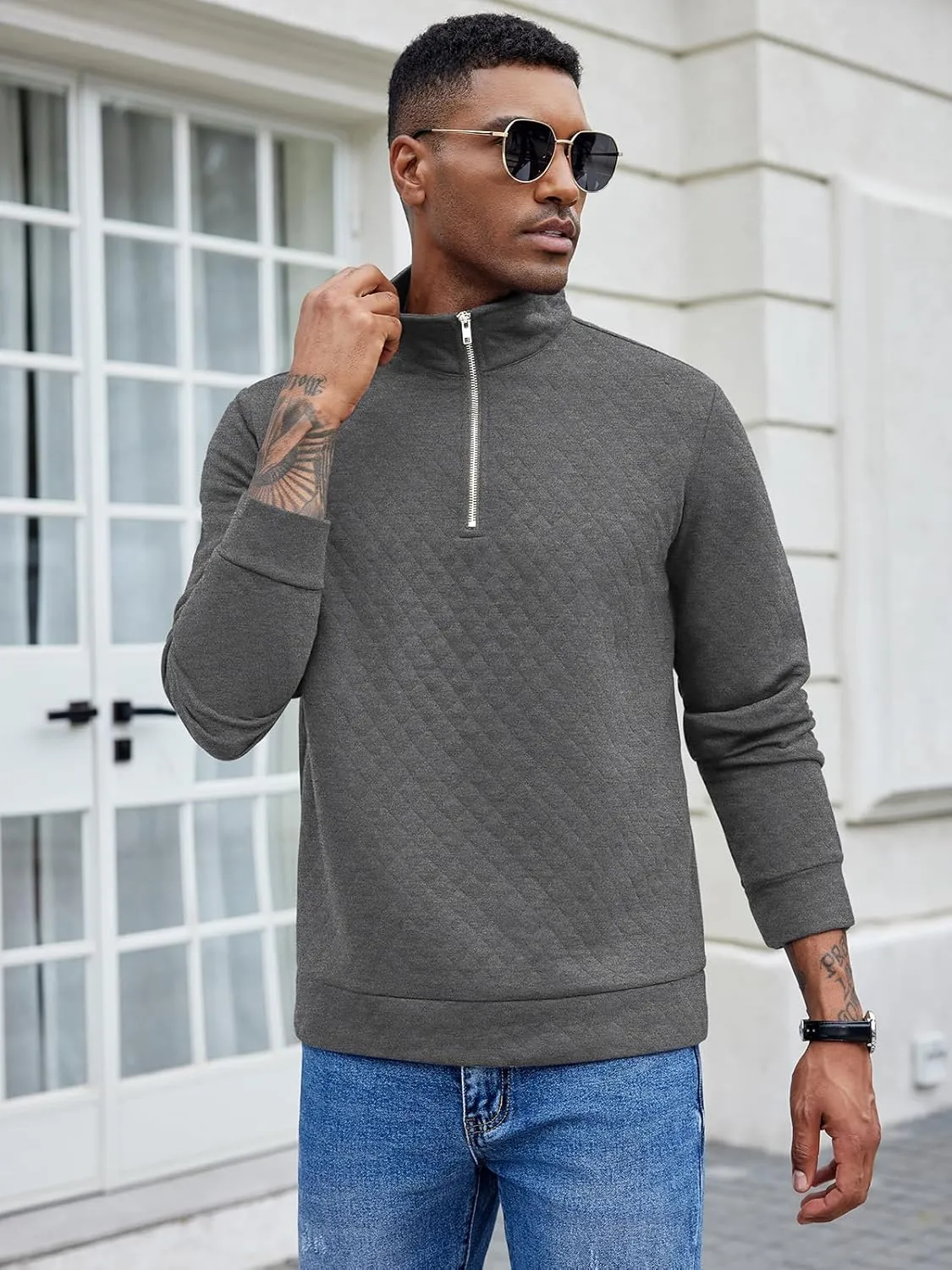 COOFANDY Men's Fashion Quarter Zip Pullover Long Sleeve Quilted Sweatshirt Plaid Jacquard Polo Mock Neck Sweaters