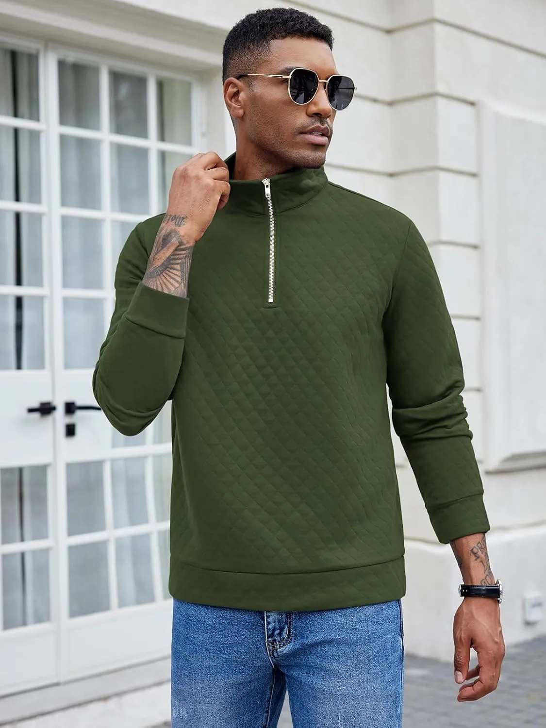 COOFANDY Men's Fashion Quarter Zip Pullover Long Sleeve Quilted Sweatshirt Plaid Jacquard Polo Mock Neck Sweaters