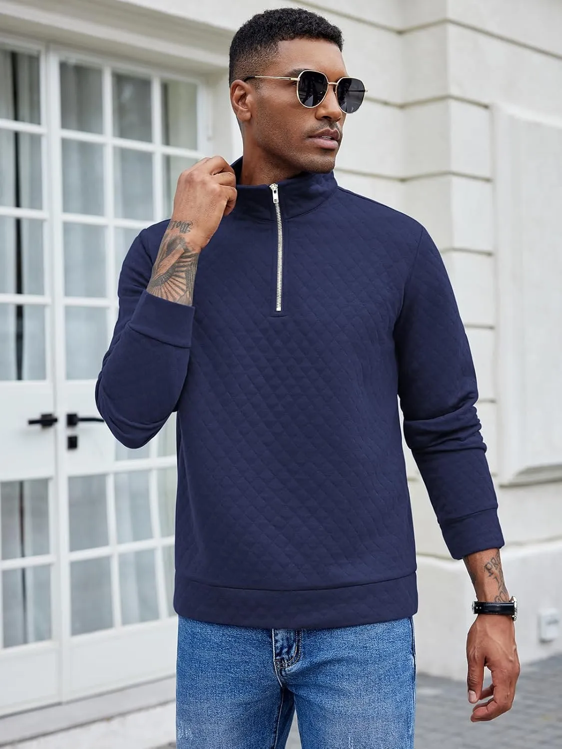 COOFANDY Men's Fashion Quarter Zip Pullover Long Sleeve Quilted Sweatshirt Plaid Jacquard Polo Mock Neck Sweaters
