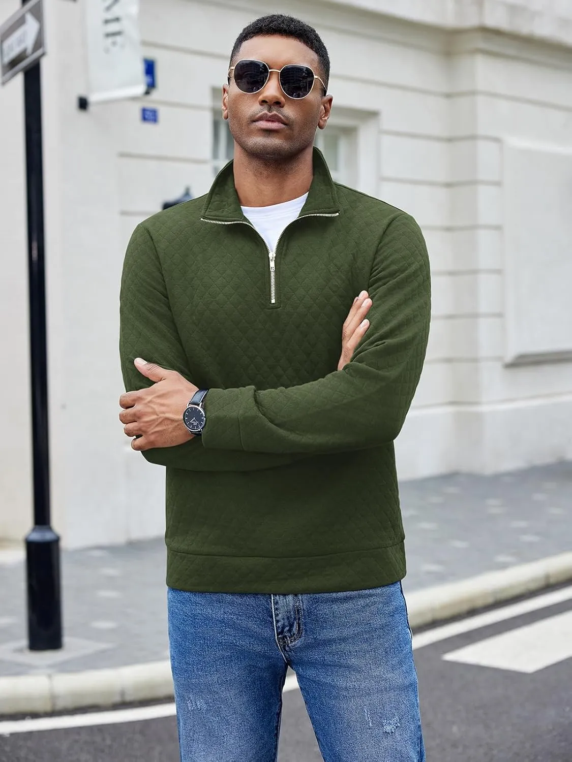 COOFANDY Men's Fashion Quarter Zip Pullover Long Sleeve Quilted Sweatshirt Plaid Jacquard Polo Mock Neck Sweaters