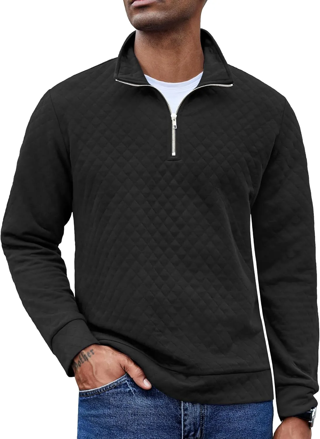 COOFANDY Men's Fashion Quarter Zip Pullover Long Sleeve Quilted Sweatshirt Plaid Jacquard Polo Mock Neck Sweaters