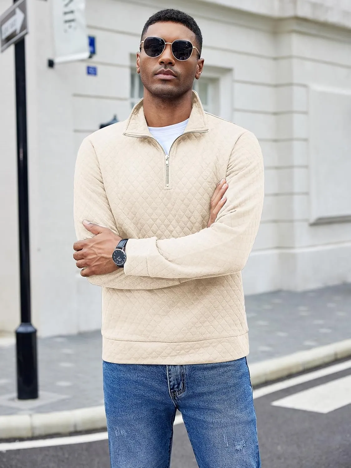 COOFANDY Men's Fashion Quarter Zip Pullover Long Sleeve Quilted Sweatshirt Plaid Jacquard Polo Mock Neck Sweaters
