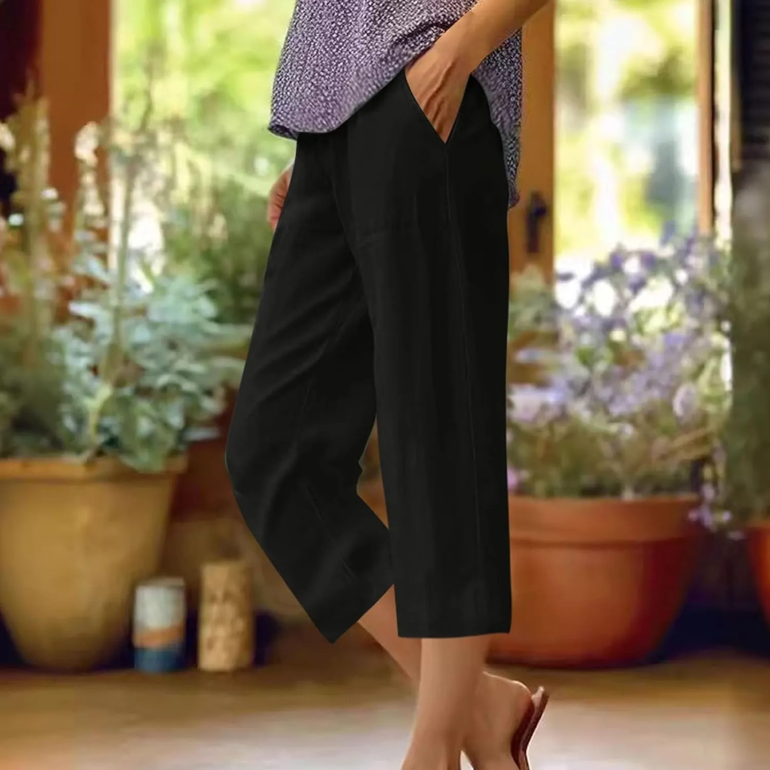 Cotton Linen Capri Shorts for Women's Summer Solid Comfy Wide Leg Short Pants Beach Vacation Cropped Trousers