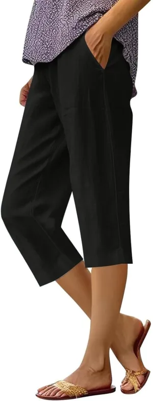 Cotton Linen Capri Shorts for Women's Summer Solid Comfy Wide Leg Short Pants Beach Vacation Cropped Trousers