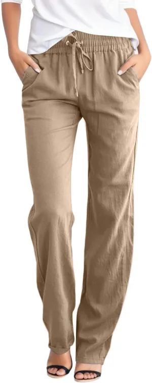 Cotton Linen Pants for Women 2024 Summer Casual Drawstring Elastic Waist Straight Leg Trousers Fashion Long Pants