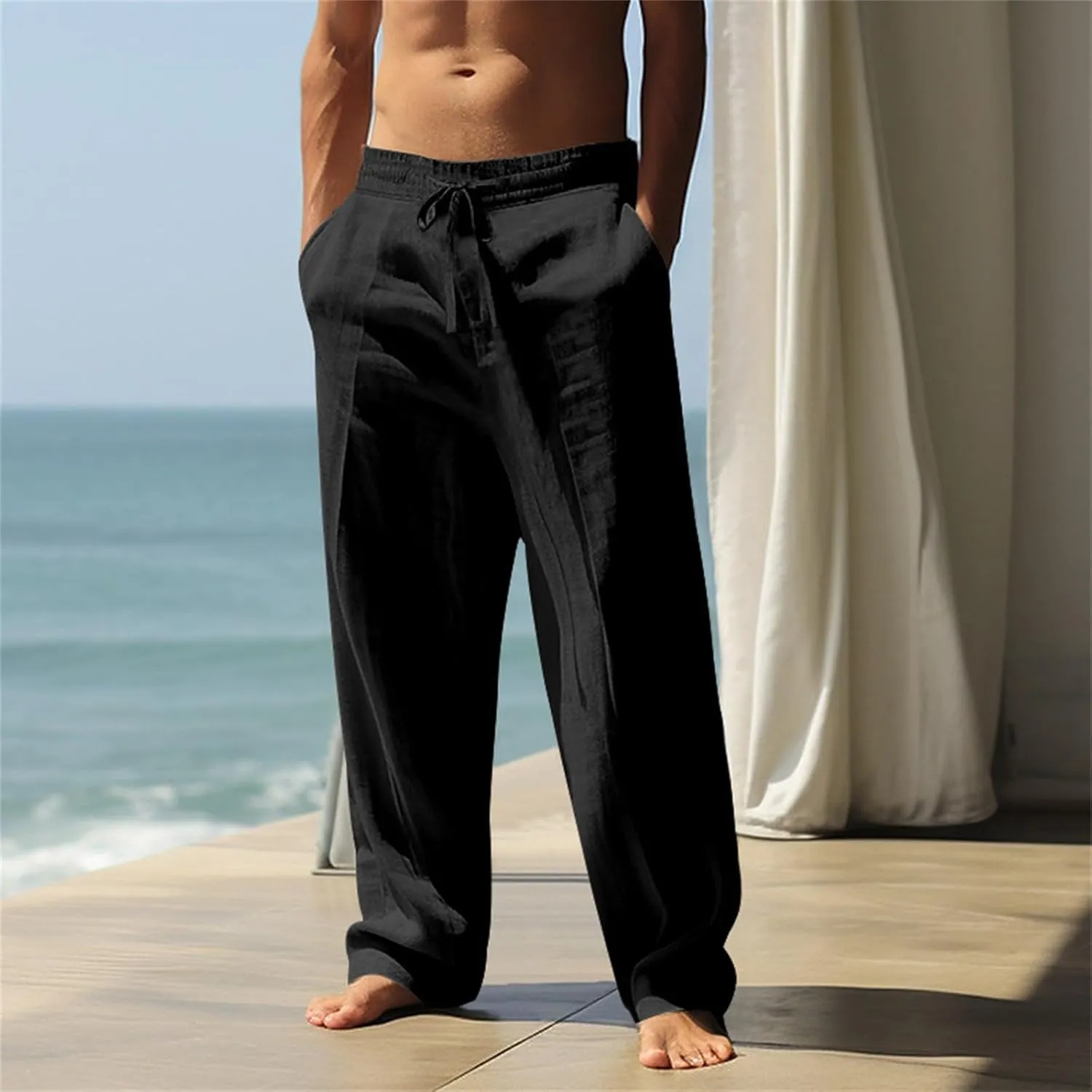 Cotton Linen Pants Men Casual Loose Fit Elastic Drawstring Waist Lightweight Summer Beach Lounge Pants with Pockets