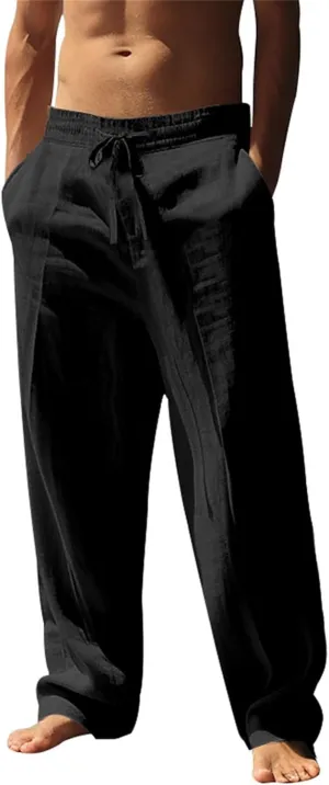 Cotton Linen Pants Men Casual Loose Fit Elastic Drawstring Waist Lightweight Summer Beach Lounge Pants with Pockets