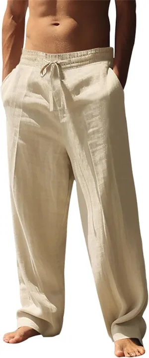 Cotton Linen Pants Men Casual Loose Fit Elastic Drawstring Waist Lightweight Summer Beach Lounge Pants with Pockets