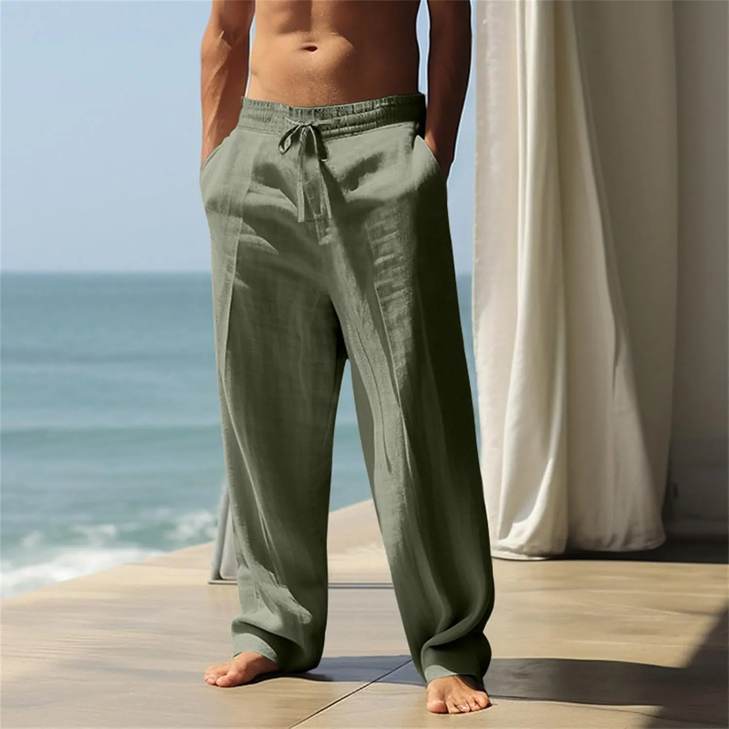 Cotton Linen Pants Men Casual Loose Fit Elastic Drawstring Waist Lightweight Summer Beach Lounge Pants with Pockets