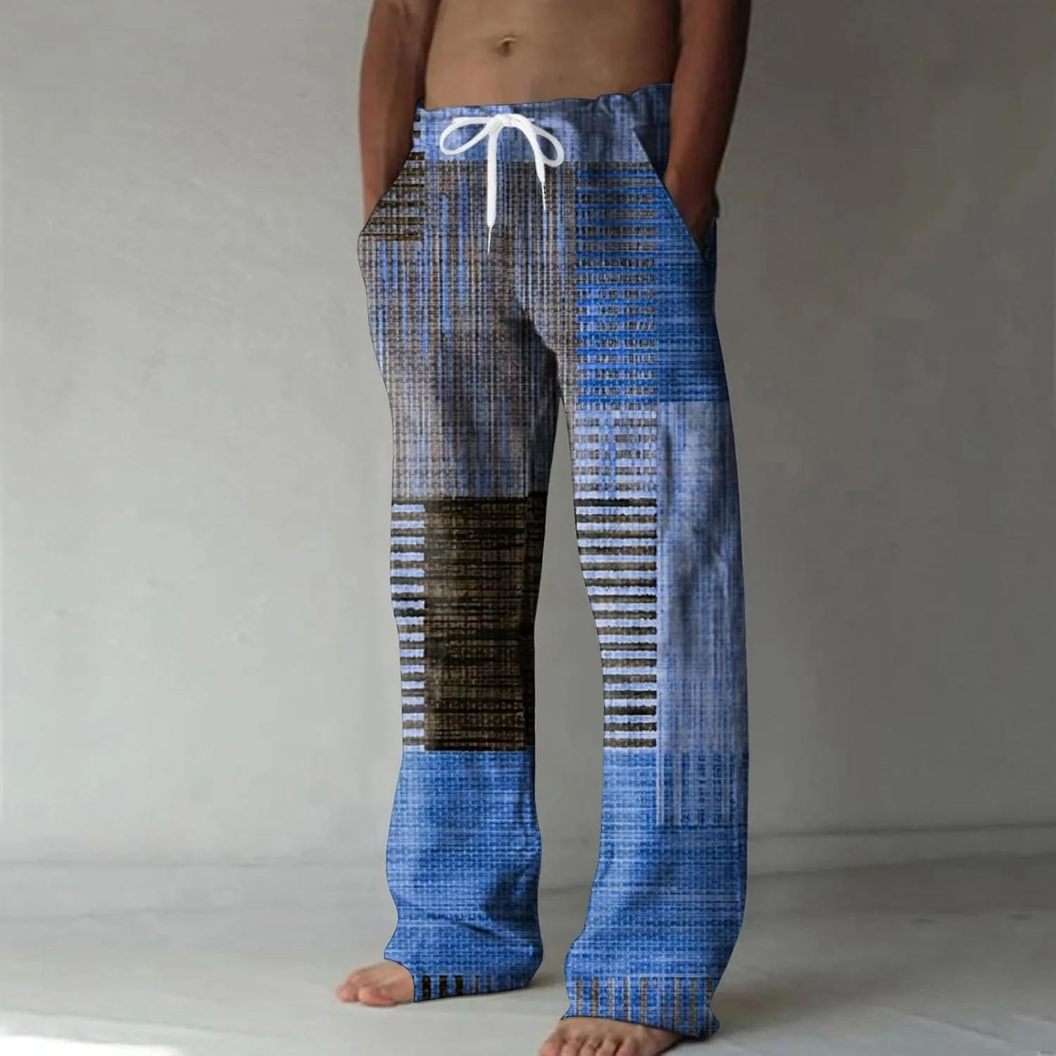 Cotton Linen Pants Men Casual Loose Fit Elastic Drawstring Waist Lightweight Summer Beach Lounge Pants with Pockets