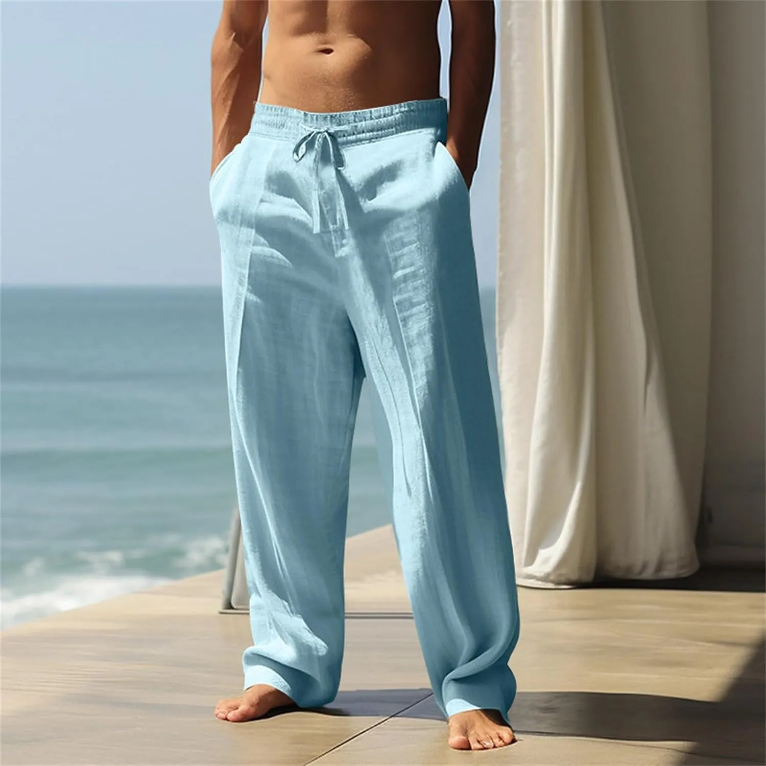 Cotton Linen Pants Men Casual Loose Fit Elastic Drawstring Waist Lightweight Summer Beach Lounge Pants with Pockets