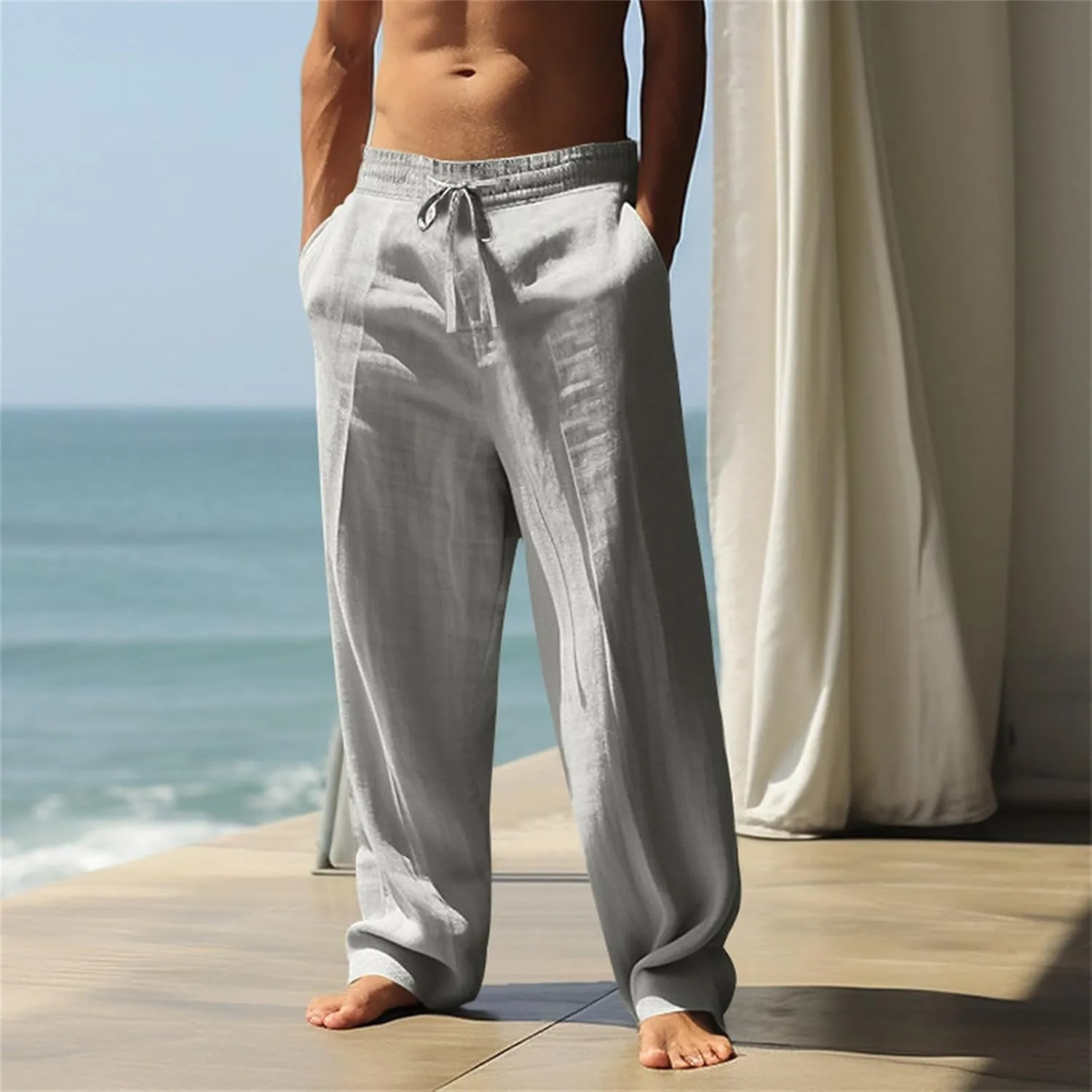 Cotton Linen Pants Men Casual Loose Fit Elastic Drawstring Waist Lightweight Summer Beach Lounge Pants with Pockets