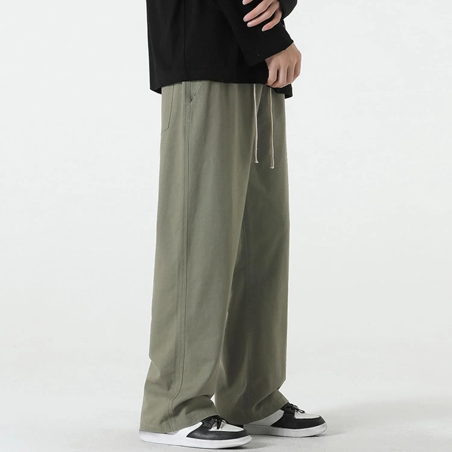 Cotton Pants for Men Straight Leg Stretch Jeans Sweatpants Trendy Teen Boys Drawstring Casual Denim Pants Relaxed Fit