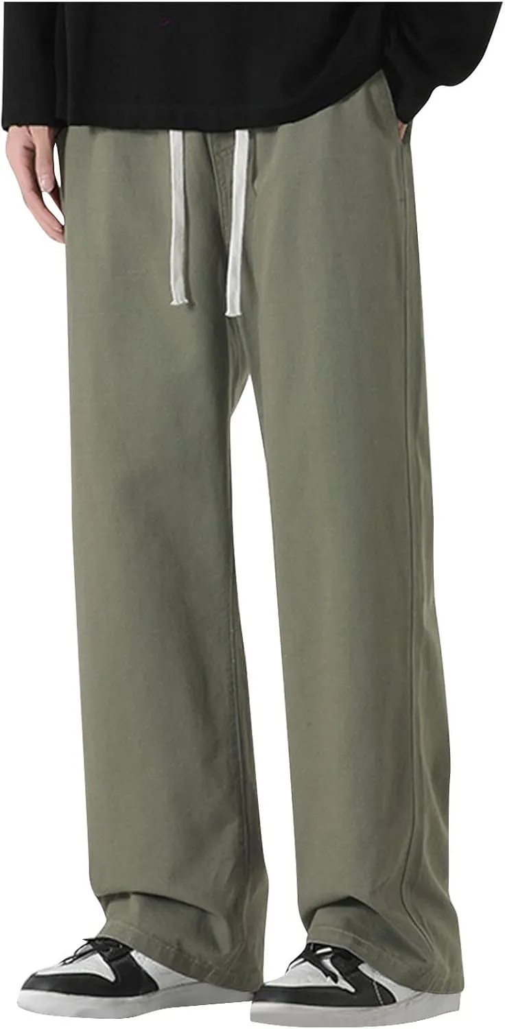 Cotton Pants for Men Straight Leg Stretch Jeans Sweatpants Trendy Teen Boys Drawstring Casual Denim Pants Relaxed Fit
