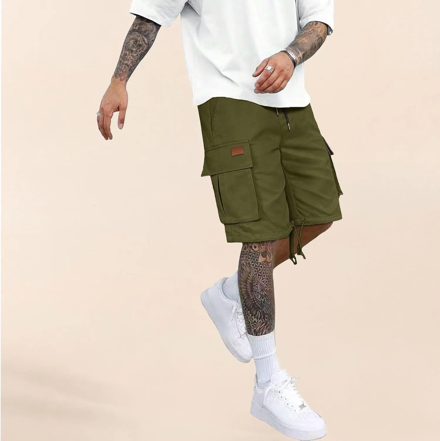 CRNTCEM Lightweight Casual Cargo Shorts for Men Drawstring Classic Hiking Work Shorts Cotton Twill Chinos Short Pants