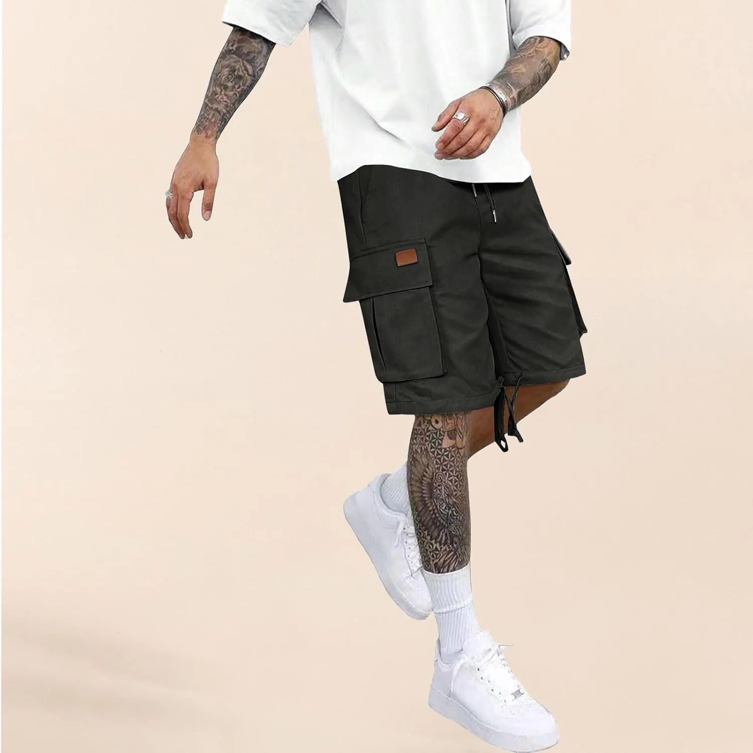 CRNTCEM Lightweight Casual Cargo Shorts for Men Drawstring Classic Hiking Work Shorts Cotton Twill Chinos Short Pants
