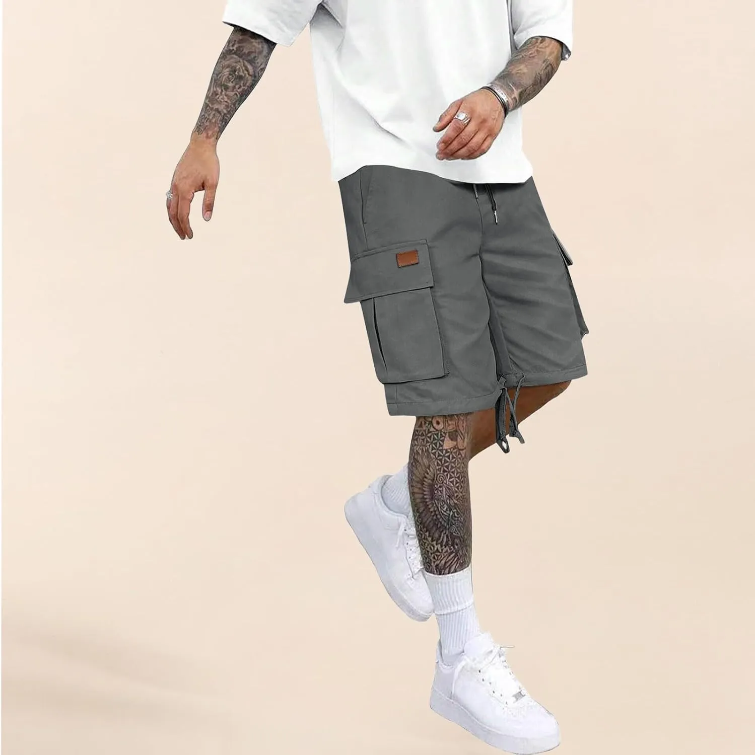 CRNTCEM Lightweight Casual Cargo Shorts for Men Drawstring Classic Hiking Work Shorts Cotton Twill Chinos Short Pants