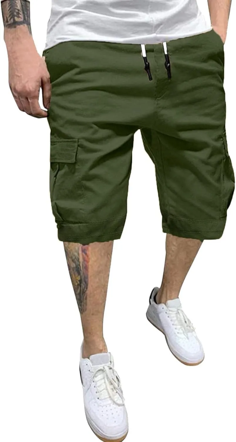 CRNTCEM Mens Casual Cargo Shorts Cotton Twill Chino Short Drawstring Stretch Summer Work Dressy Shorts with Pockets