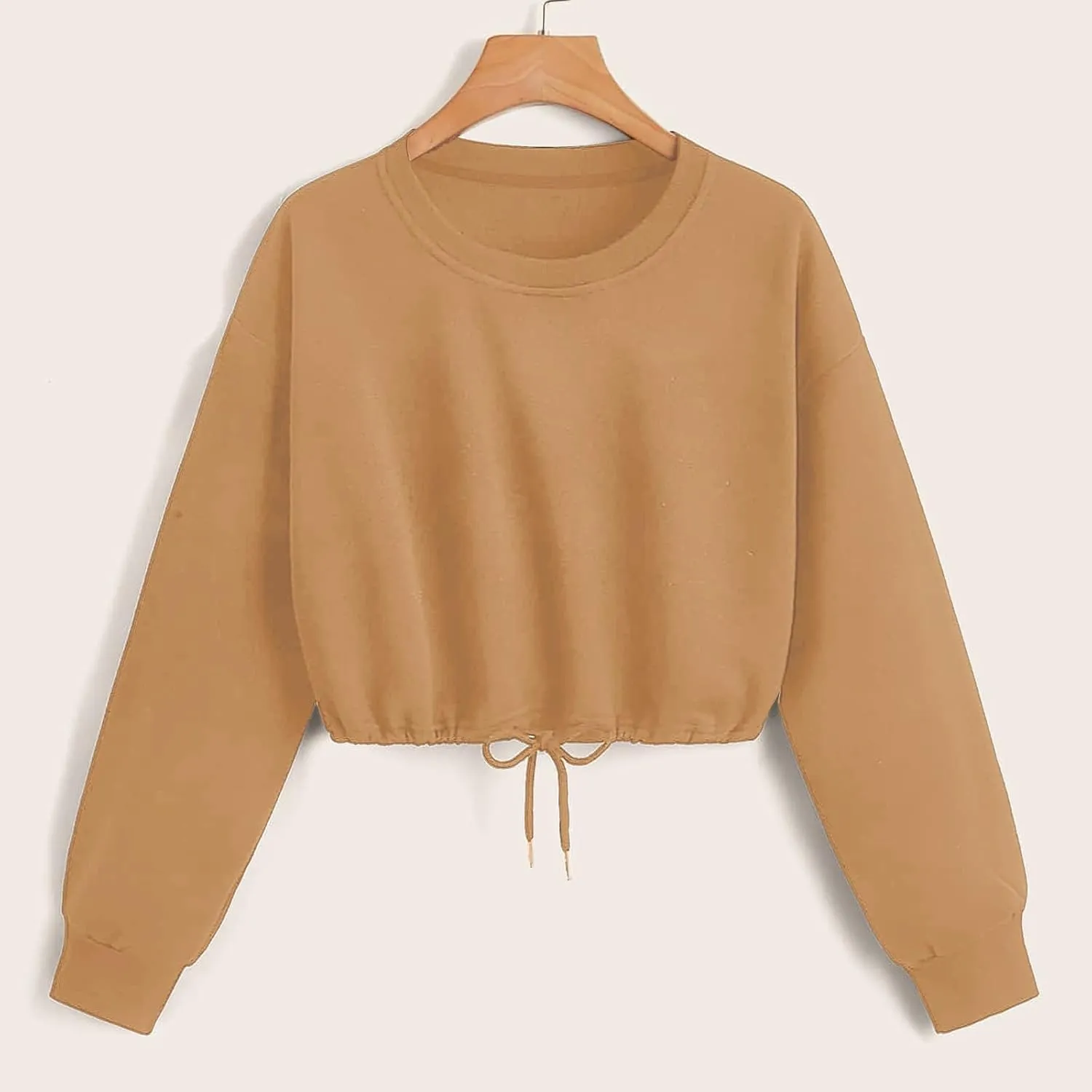 Crop Sweatshirts for Women Drawstring Loose Fit Cropped Sweaters Round Neck Crew Neck Long Sleeve Solid Color Casual