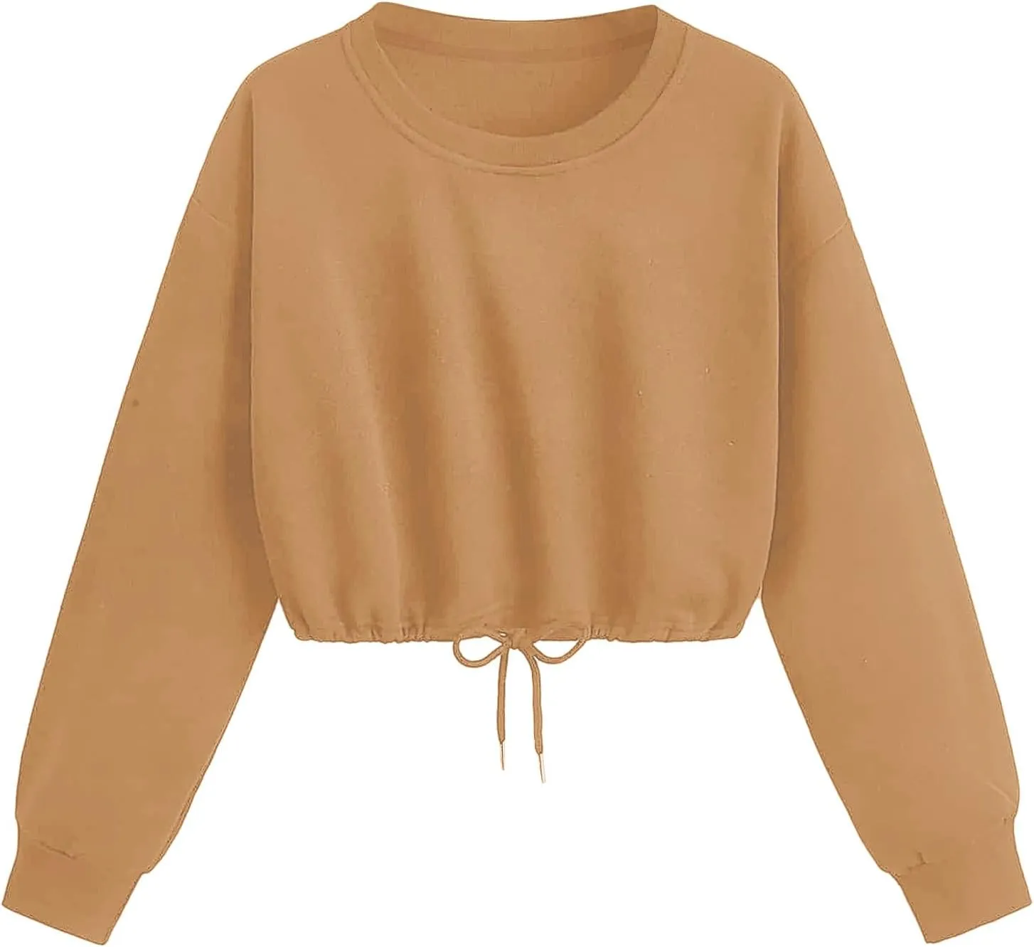 Crop Sweatshirts for Women Drawstring Loose Fit Cropped Sweaters Round Neck Crew Neck Long Sleeve Solid Color Casual