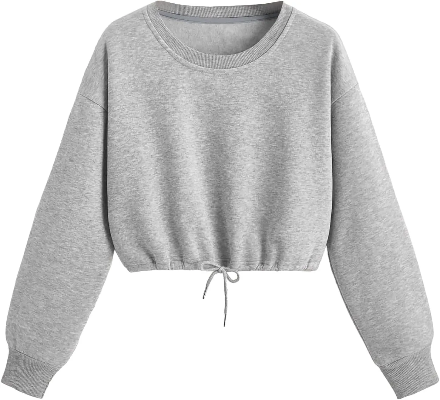 Crop Sweatshirts for Women Drawstring Loose Fit Cropped Sweaters Round Neck Crew Neck Long Sleeve Solid Color Casual