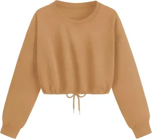 Crop Sweatshirts for Women Drawstring Loose Fit Cropped Sweaters Round Neck Crew Neck Long Sleeve Solid Color Casual