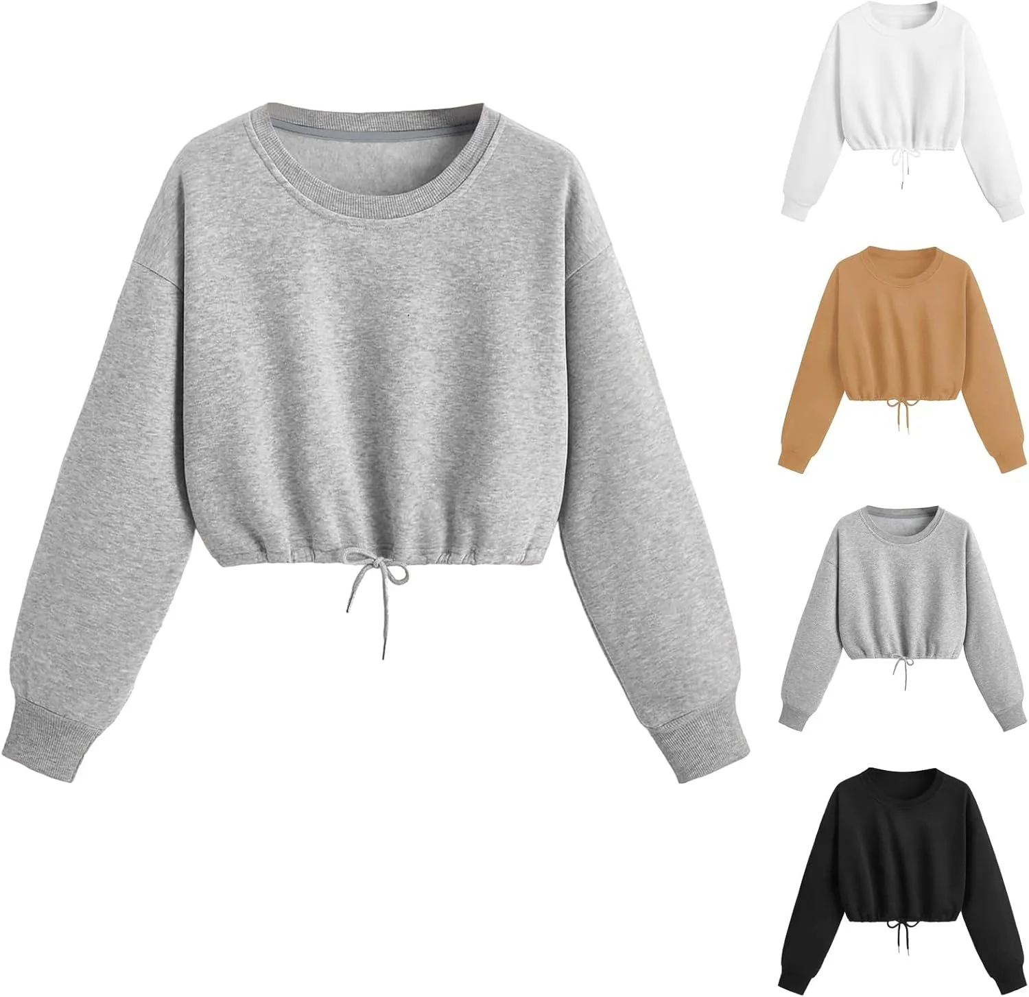 Crop Sweatshirts for Women Drawstring Loose Fit Cropped Sweaters Round Neck Crew Neck Long Sleeve Solid Color Casual