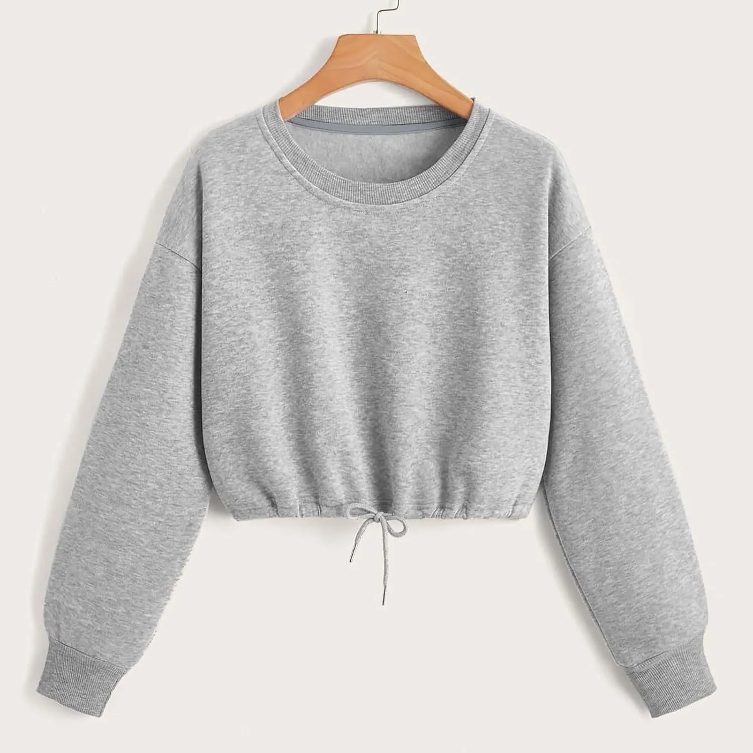 Crop Sweatshirts for Women Drawstring Loose Fit Cropped Sweaters Round Neck Crew Neck Long Sleeve Solid Color Casual