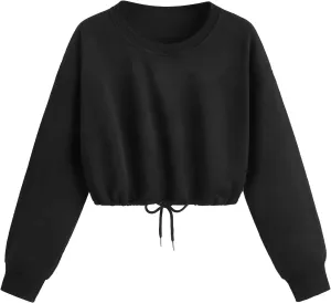 Crop Sweatshirts for Women Drawstring Loose Fit Cropped Sweaters Round Neck Crew Neck Long Sleeve Solid Color Casual