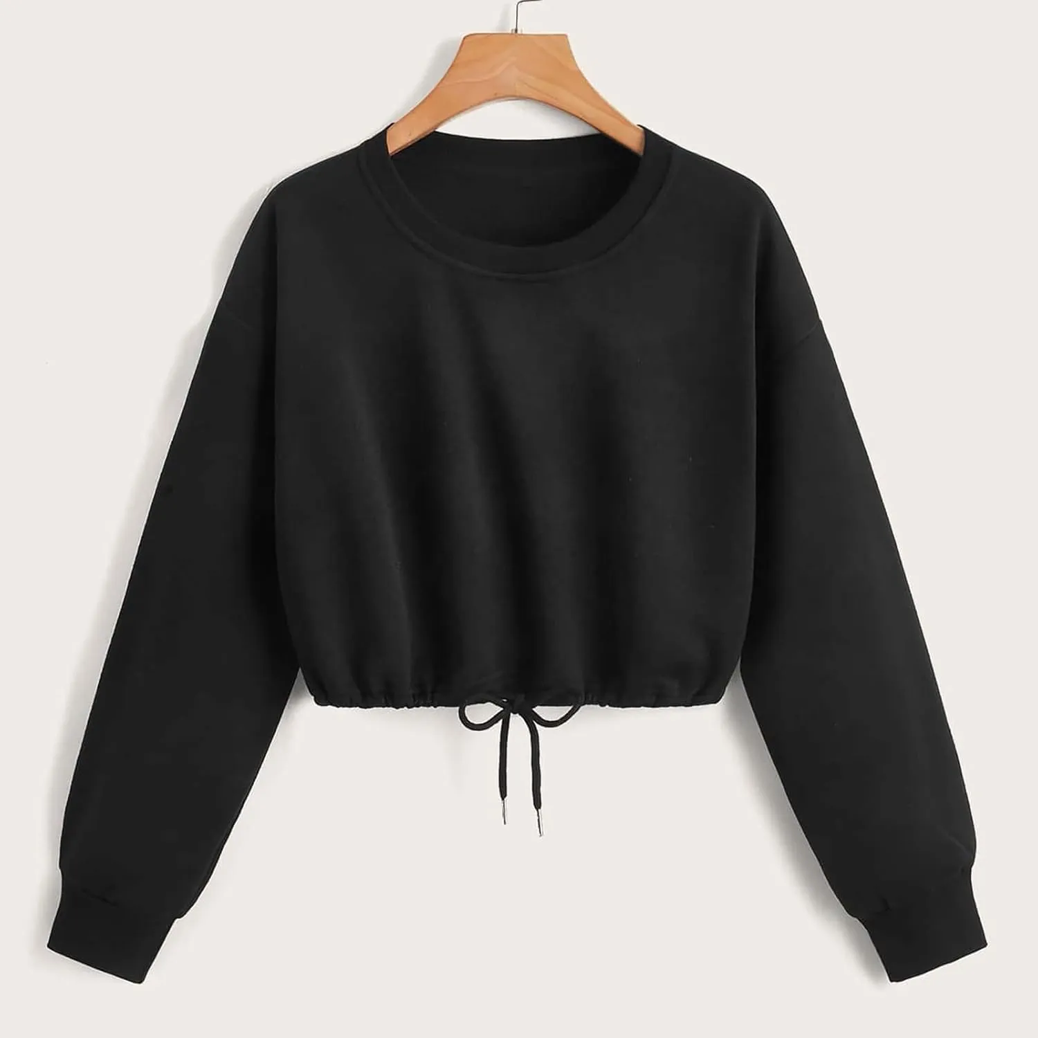 Crop Sweatshirts for Women Drawstring Loose Fit Cropped Sweaters Round Neck Crew Neck Long Sleeve Solid Color Casual
