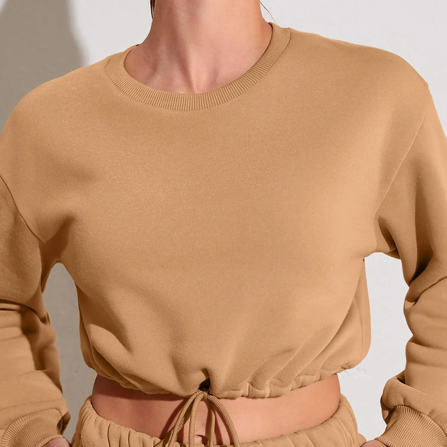 Crop Sweatshirts for Women Drawstring Loose Fit Cropped Sweaters Round Neck Crew Neck Long Sleeve Solid Color Casual