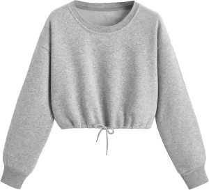 Crop Sweatshirts for Women Drawstring Loose Fit Cropped Sweaters Round Neck Crew Neck Long Sleeve Solid Color Casual
