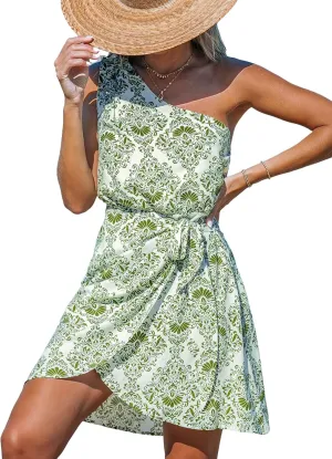 CUPSHE Women's One Shoulder Leaf Print Self-tie Short Dress Sleeveless Tiered Hem Formal Dress Casual Mini Dress