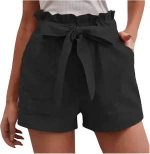 DASAYO Women Cotton Linen Summer Shorts Ruffle Adjustable Bowknot High-Waisted Solid Color Casual Short with Pockets