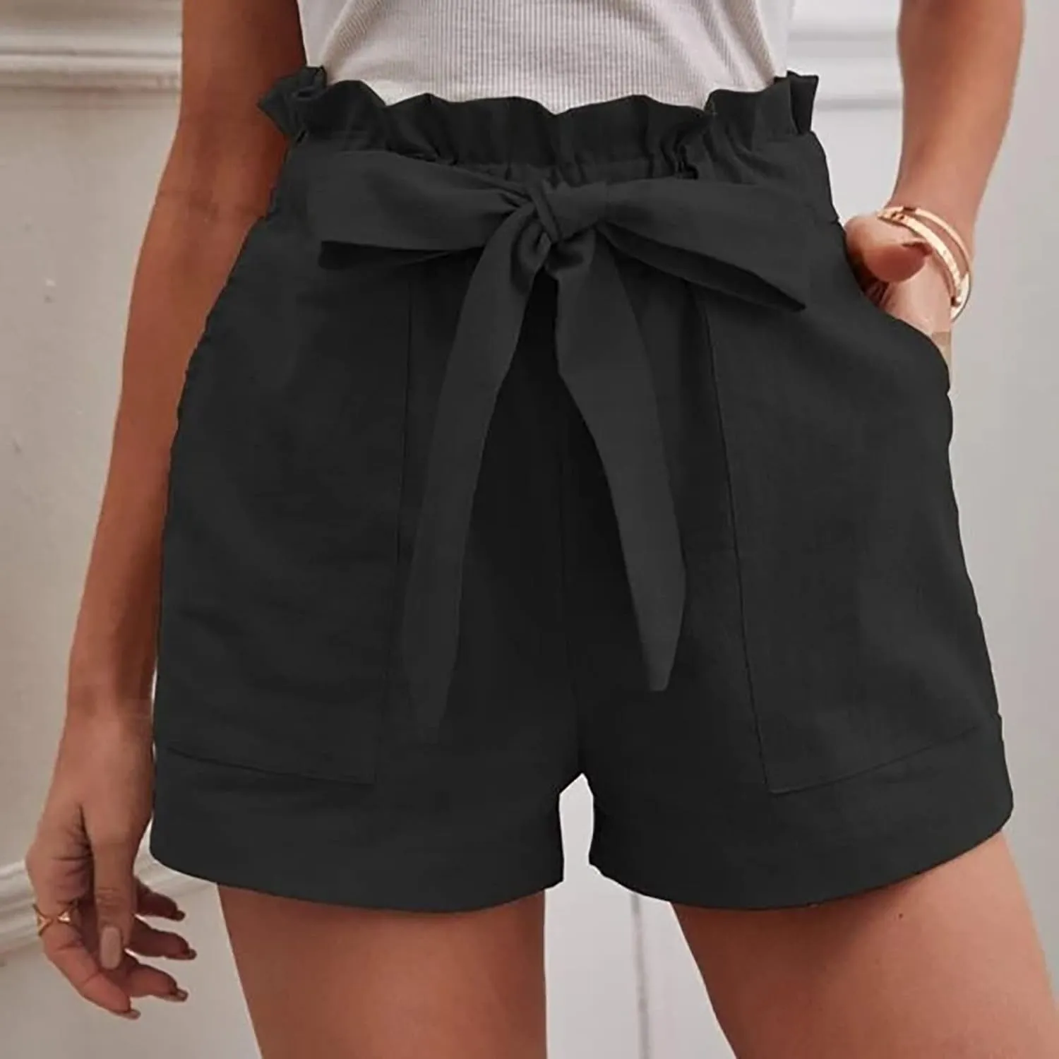 DASAYO Women Cotton Linen Summer Shorts Ruffle Adjustable Bowknot High-Waisted Solid Color Casual Short with Pockets