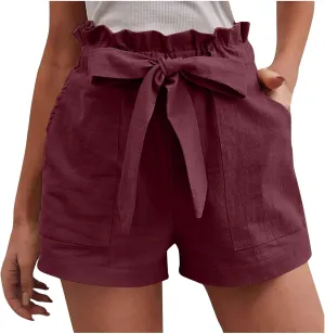 DASAYO Women Cotton Linen Summer Shorts Ruffle Adjustable Bowknot High-Waisted Solid Color Casual Short with Pockets