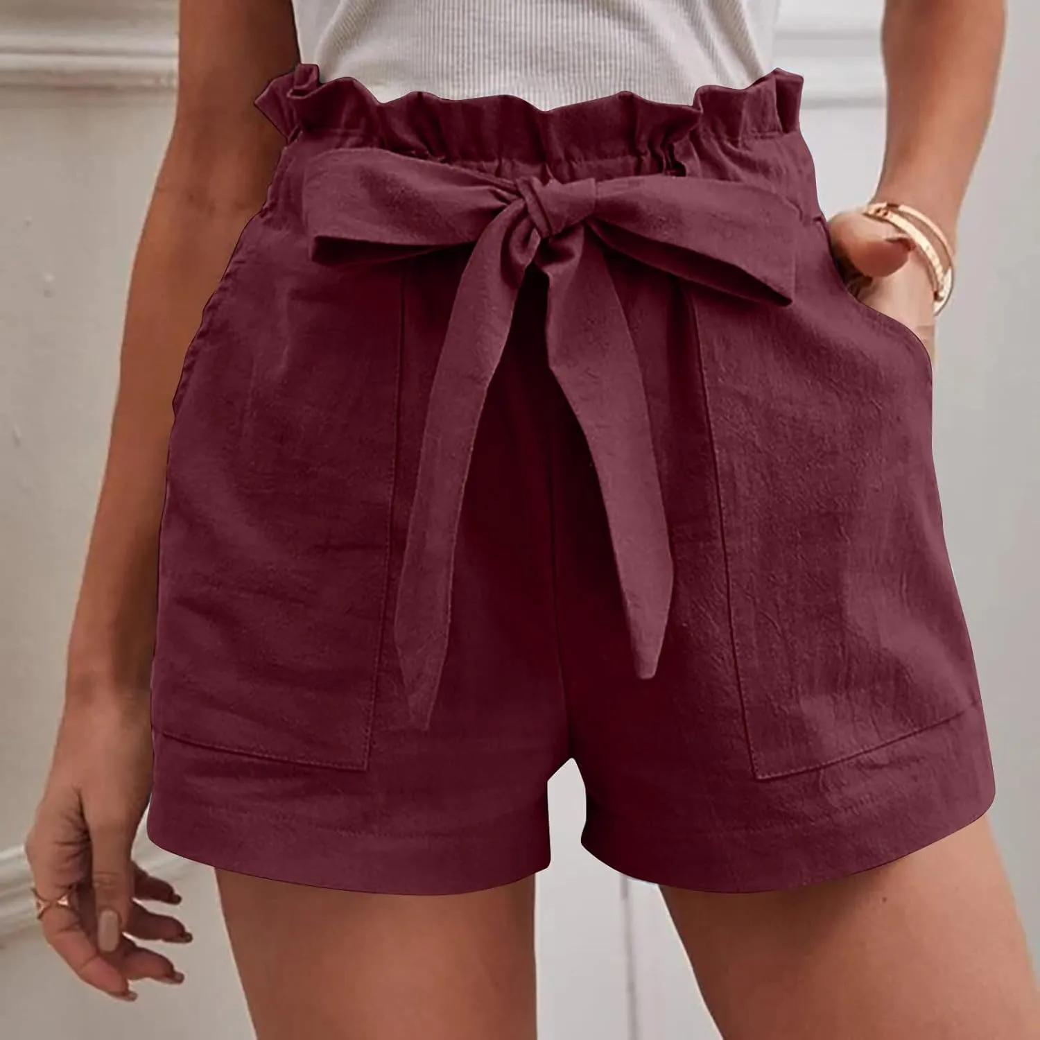 DASAYO Women Cotton Linen Summer Shorts Ruffle Adjustable Bowknot High-Waisted Solid Color Casual Short with Pockets